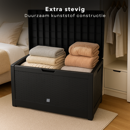 Cheqo® Opbergbox Tuin 310L – Tuinkussenbox met Deksel & Wielen – Kunststof Kussenbox Buiten – Zwarte Wickerlook – Weerbestendig – Verrijdbare & Afsluitbare Tuin Opbergkist – Duurzame Opbergbox Balkon & Garage