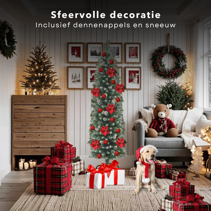 Cheqo® Kunstkerstboom Smal - Smalle Kerstboom - 180 cm - Realistisch PVC - Inclusief Standaard en Sneeuwdecoratie