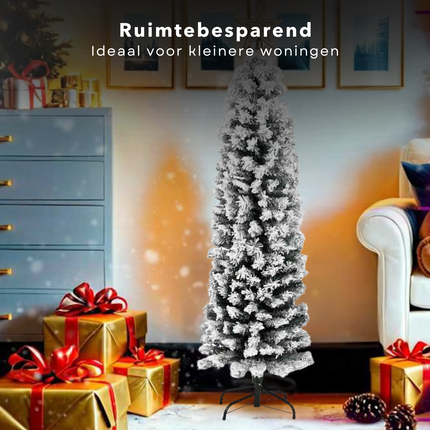 Cheqo® Kunstkerstboom Smal - Smalle Kerstboom - 150 cm - Met Sneeuw - PVC - Binnen/Buiten Gebruik