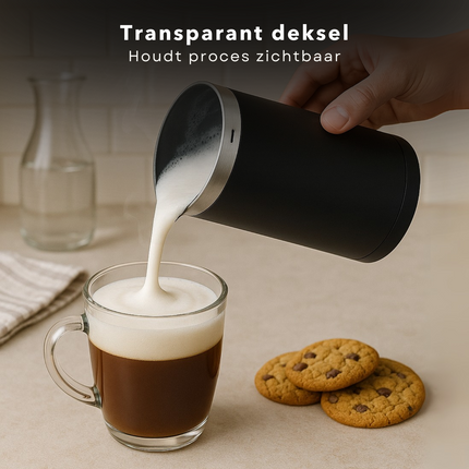 Cheqo® Elektrische Melkopschuimer – 3-in-1 Melkklopper – Warme & Koude Melk Opschuimen – Melk Verwarmen tot 65°C – Snoerloos Ontwerp – Anti-aanbaklaag – 300ml – Zwart – Transparante Deksel – Barista Kwaliteit