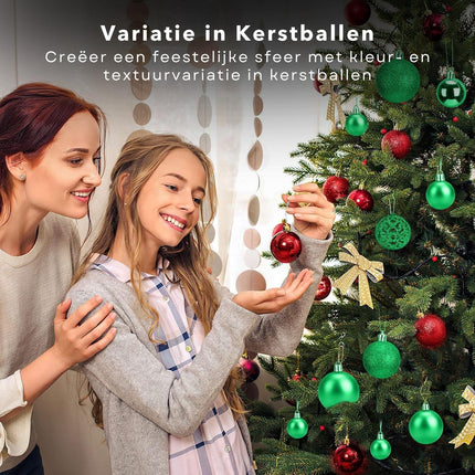 Cheqo® Luxe Kerstballen Set - Onbreekbaar - Rood/Groen - Plastic - Kerstboomversiering - Kerstversiering - Verschillende Formaten & Designs - Kerstboom - Kerstballenset - Kerstdecoratie - 50 Stuks - Met Ophangoog - Mat - Glanzend - Glitters Kerstballen
