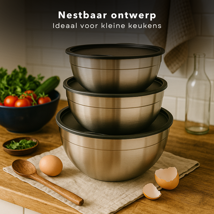 Cheqo® RVS Mengkommen Set - Mixkom - Beslagkommen Set - Mengkom Set - Beslagkom Stapelbaar en Met Deksel - 3-delig - RVS