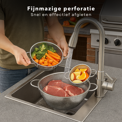 Cheqo® Roestvrijstalen Vergiet - Vergietset 3-Delig - Keukenaccessoire RVS - Verschillende Maten - 16.5 cm Vergiet - 22.5 cm Vergiet - 28.5 cm Vergiet