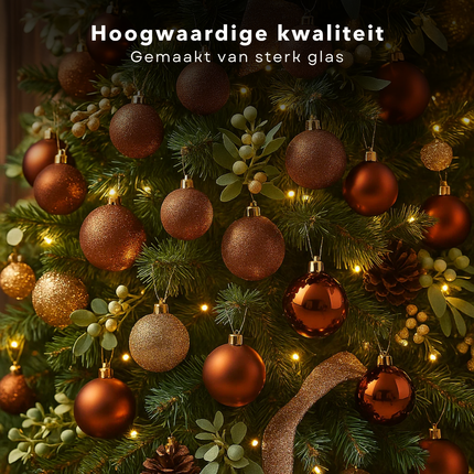 Cheqo® Kerstballen Set - Glazen Kerstballen - Bruine Kerstballen - Kerstboom Decoratie - Set Van 42 - Glimmende Kerstballen - Glitter Kerstballen - Diverse Afmetingen - Kerstballen Set Bruin - Kerstbal Set
