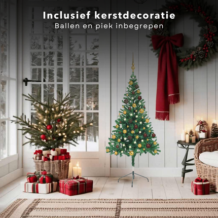 Cheqo® Kerstboom - Kunstkerstboom 150 cm - Met LED-verlichting en Kerstballen - PVC - USB-aansluiting