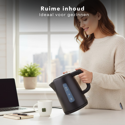Cheqo® Waterkoker – Mat Zwarte Waterkoker – Snoerloos Design – Water Koker - Water Koken – Waterniveau-Indicator – Verborgen Verwarmingselement – Automatische Uitschakeling – Verlichte Aan/Uit-Schakelaar - Theekan