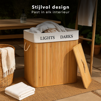 Cheqo® Wasmand met 2 Vakken - Wassorteerder - Bamboe Wasmand - Uitneembare Binnenzak - Afneembaar Deksel - 100 Liter Inhoud - Naturel Kleur - Wasmand met Deksel - Wasbare Binnenzak