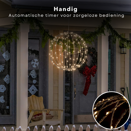 Cheqo® LED Kerstverlichting Lichtbol - Metaal - 240 LED's - 40 cm - Timer - Extra Warm Wit - Aanloopsnoer van 300 cm - Opvouwbaar - Voor Binnen en Buiten - Kerstverlichting - Kerstlampjes - Sfeerverlichting - Kerstbol Verlichte Kerstfiguren