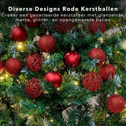 Cheqo® Kerstballen Set 60 Stuks - Rood - Kunststof - Onbreekbaar - Kerstboomversiering - Kerstversiering - Verschillende Formaten & Designs - Kerstboom - Kerstballenset - Kerstdecoratie - Christmas - Met Ophangoog - Mat - Glanzend - Glitters Kerstballen