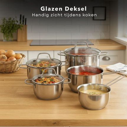 Cheqo® 7-Delige Pannenset – Roestvrij Staal – Glazen Deksel – Complete Kookgerei Set – Pannen Set - Kookpan Set – Hittebestendig Glas – Kookpannen – Veelzijdige Pannenset