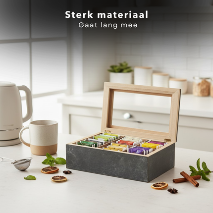 Cheqo® Theedoos 6 Vaks - Theedoos met Vakken - Theekist - Theezakjes Doos - Theezakjes Opbergdoos - Thee Organizer - Theedoos Zwart - Theedoos met Glazen Deksel