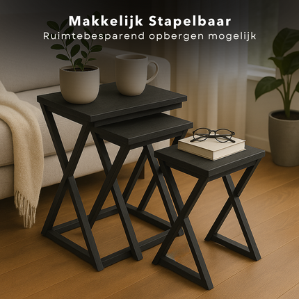 Cheqo® Moderne Bijzettafels Set - Salontafel Set - Tafelset - Bijzet Tafel Set - Bijzettafel Zwart Metaal & MDF - X Design - 3 Stuks