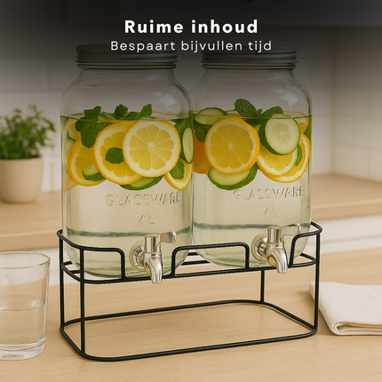 Cheqo® Dubbele Glazen Drankdispenser met Kraantje - Limonadetap - Waterdispenser - Watertap - Drankendispenser - Sapdispenser - 4L - Met Standaard - Ideaal voor Feestjes