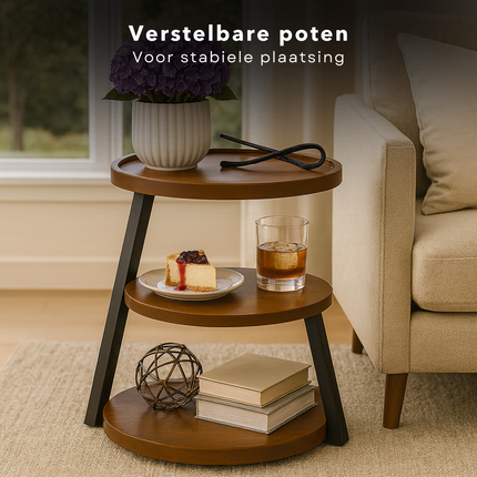 Cheqo® Moderne Bijzettafel - Bijzet Tafel - Bruin Bijzettafeltje - Zwart Metalen Frame - MDF Plateau - Opstaande Rand - Stelpootjes - Ronde Bijzettafel - Industriële Stijl - Woonkamer Tafel - Compacte Bijzettafel