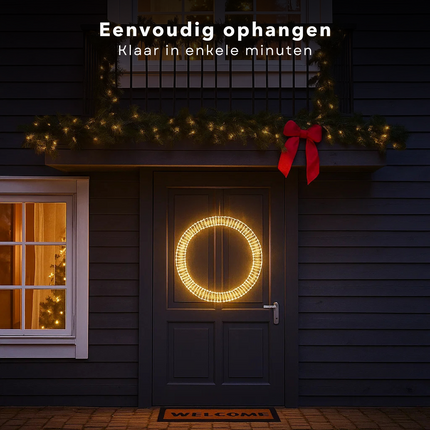 Cheqo® Kerstkrans LED - Kerstverlichting Krans - Warm Witte LED - Metalen Cirkel - IP44 Stekker - Timerfunctie - Buitenverlichting Wit - Raamdecoratie Kerst - Tuinverlichting - Kerstdecoratie - Kerst Krans - Deurkrans