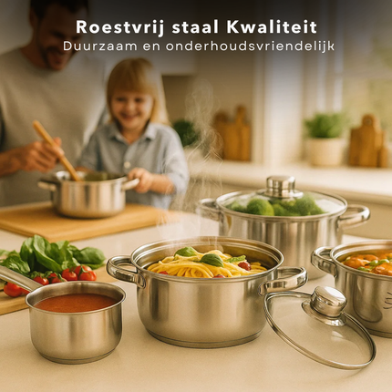 Cheqo® Roestvrijstalen Pannenset – 8-Delige Pannenset – Geschikt voor Inductie & Alle Warmtebronnen – Vaatwasmachinebestendig – Glazen Deksel met Stoomgat – PFAS-Vrij – Met Maataanduiding – Kookpan met Deksel – Sauspan met Deksel