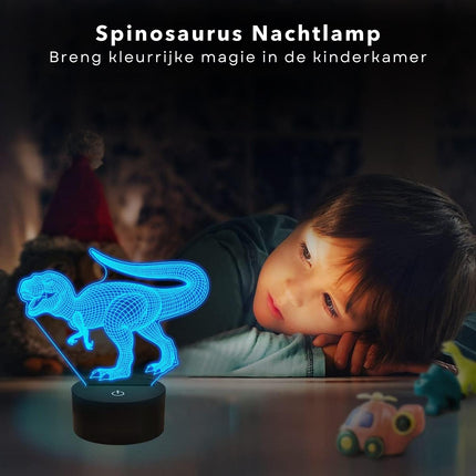 Cheqo® 3D Lamp - Dinosaurus - Spinosaurus - 7 Kleuren - LED Lamp - USB of Batterijen - 17cm - LED Illusie - Bureaulamp - Nachtlampje - Sfeerlamp - Dimbaar - Cadeau voor Kinderen - Lange Levensduur Kindertafellampen