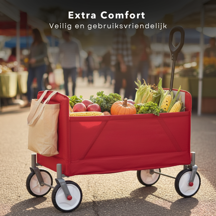 Cheqo® Opvouwbare Bolderkar - Bolderwagen - Rood - Opbergvak - Plat Opvouwbaar - Gemakkelijk Op Te Vouwen - 2 Bekerhouders - Transportkar - Eenvoudig Op Te Bergen - Strandkar