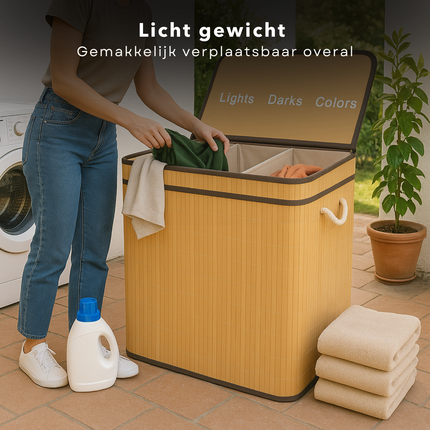 Cheqo® Wasmand 3 Vakken - Wassorteerder - Bamboe Materiaal - Uitneembare Waszak - Licht Donker Kleur - 100 Liter Inhoud - Naturel Kleur - Wasbare Binnenzak - Wasgoed Organizer - Gescheiden Was