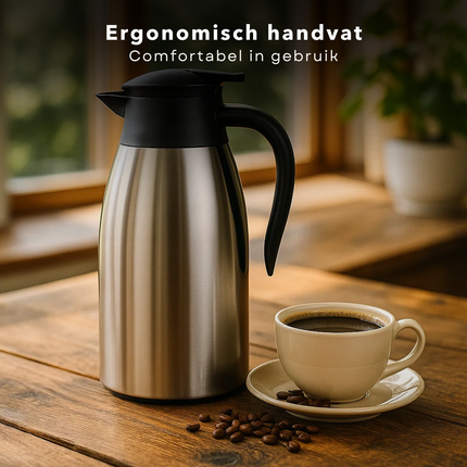 Cheqo® Thermoskan 2 Liter - RVS Thermoskan - Dubbelwandige Thermoskan - Lekvrije Thermoskan - Isolerende Kan - Warme en Koude Dranken - Thermoskan met Handgreep - 1-Hand Bediening - Roestvrij Staal - Thermoskan voor Koffie
