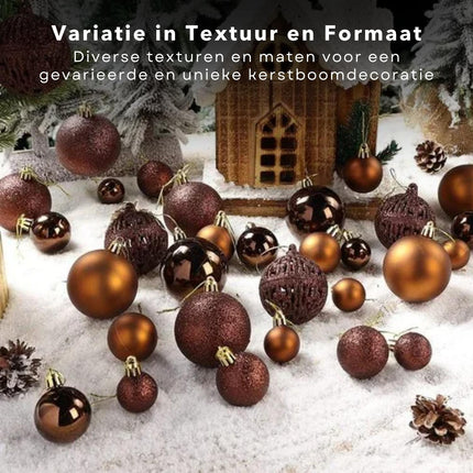 Cheqo® Luxe Kerstballen Set - Kerstballenset - Kerstdecoratie - Kerstboom Versieren - Kerstversiering - Onbreekbaar - Met Ophangoogje - Kerstversiering Kerstboom - Mat - Glans - Glitter - 100 Stuks - Koper - Bruin - Verschillende Texturen Kerstballen