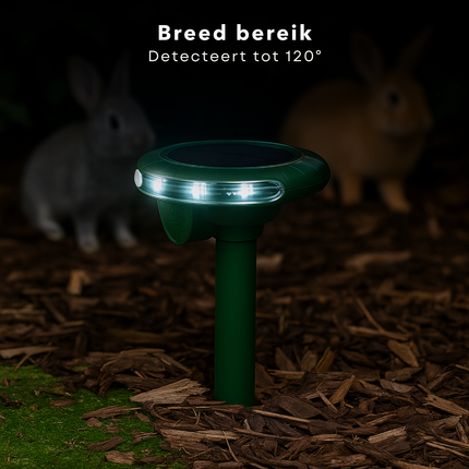Cheqo® Solar Dierenverjager met Bewegingssensor – Ultrasone Kattenverjager & Marterverjager – LED-Flitslicht – Waterdicht Ontwerp – Milieuvriendelijk – Voor Buitengebruik – Zonnepaneel – Tuin Bescherming – Diervriendelijke Ongedierte Verjager