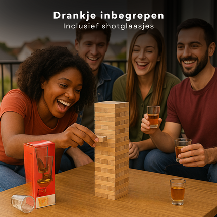 Cheqo® Drinkspel - Drankspel Voor Volwassenen - Gezelschapsspel - Houten Blokjes - Stapelspel - Spel Voor 2 - 4 Spelers - Gemiddelde Speeltijd 15 Minuten - Bouw De Toren - Vallende Toren - Shotglaasje Leegdrinken - 60 Houten Blokjes