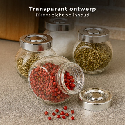 Cheqo® Glazen Voorraadpotten - Voorraadpotten Met Deksel - Kruidenpotjes Glas - Opbergpotten Keuken - Glazen Pot Met Schroefdeksel - Glazen Pot Voor Kruiden - Glazen Pot Voor Thee - Ronde Glazen Pot - Set Van 4 Potten - 200 ml Glazen Pot