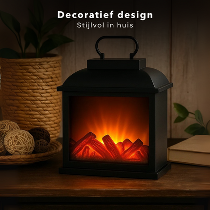 Cheqo® LED Sfeerhaard - Lantaarn Openhaard - Kunststof Frame - LED Verlichting - Timer Functie - Werkt op Batterijen - Batterij Aangedreven - Vlammeneffect - Elektrische Haard - Zwarte Lantaarn - Sfeerverlichting