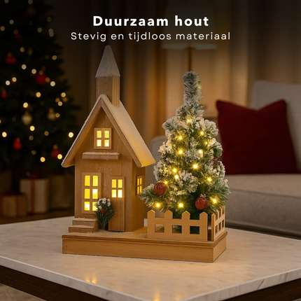 Cheqo® Verlicht Kersthuisje - Kersthuis met LED Verlichting - Warm Wit - Werkt Op Batterijen - Houten Kersthuis - Kerstdecoratie - Kersthuisjes En Kerstdorpen - Aanloopsnoer - Kerstornament Kerstdorp - Sfeerverlichting - Winterdecoratie