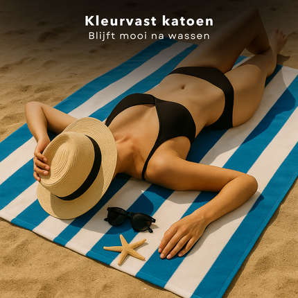 Cheqo® XL Strandlaken Katoen - Strandkleed - Gestreept Blauw/Wit - Absorberend en Groot