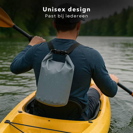 Cheqo® Waterdichte Tas 5 Liter – Dry Bag Grijs – Outdoor Tas met Roll-Down Sluiting – PVC Plunjezak – Sporttas & Strandtas – Verstelbare Schouderband – Stof- en Watervrij – Unisex Zeiltas – Compact & Duurzaam – Zwemhulp