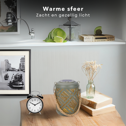 Cheqo® Solar Lantaarn - Grijze Decoratieve Buitenlamp - Tuinverlichting Zonneenergie - Tuinlantaarn -  Tafellamp - Hanglamp - Weerbestendig