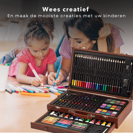 Cheqo® Teken- en Schilderset - 112-delig - Houten Koffer - 38x23,5x8,5cm - Kleurpotloden, Waterverf, Oliepastels, Softpastels, Acrylverf, Grafiet, Penselen, Gum, Puntenslijper - Voor Volwassenen en Kinderen - Tekenset - Tekenkoffer - Schilderkist Schildersets