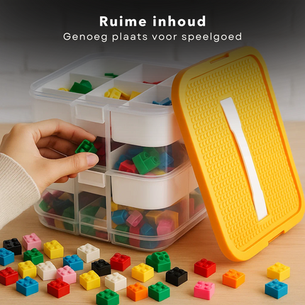 Cheqo® Opbergbox voor Speelgoed - Speelgoed Opbergen - Kunststof Opbergbox - Transparante Opbergbox - Stapelbare Opbergbox - Stevige Kliksluitingen - Inzetbakken en Verdelers - Opbergbox zonder Inhoud - Opbergbox voor Bouwsteentjes