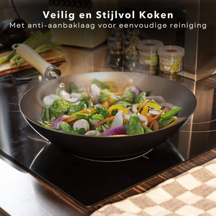 Cheqo® Grote Wokpan 30cm - Voor Alle Warmtebronnen - Soft Touch Handgreep - Gelijkmatige Warmteverdeling - Pannen - Bakpan - Lange Levensduur - Extra Hoge Randen - Wok Pan - Anti-Aanbaklaag Wokpannen