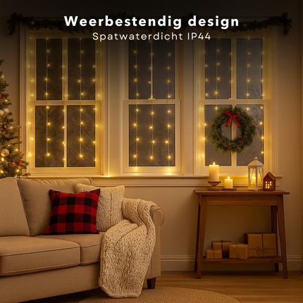 Cheqo® Ijspegel Lichtgordijn - 7.10 Meter - 360 LED's - Extra Warm Wit - Soft Wire - Kerstverlichting Buiten - Energiezuinige LED's - Spatwaterdicht IP44 - Binnen En Buiten - 8 Lichtfuncties - Groene Snoer - Lange En Korte Strengen - 3.6W Verbruik