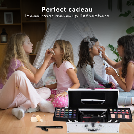 Cheqo® Make-up Koffer - Make Up Kinderen Set - Zilver - Kindermake-up Set met Spiegel - Draagbaar en Compleet