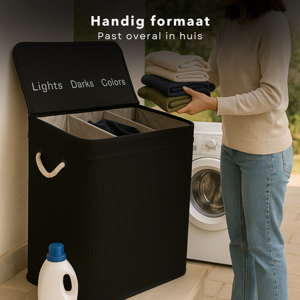 Cheqo® Wasmand 3 Vakken - Wassorteerder - Bamboe Materiaal - Zwart Design - 100 Liter Inhoud - Licht Donker Kleur - Makkelijk Te Monteren - Geen Gereedschap Nodig - Wasbare Binnenzak - Wasgoed Organizer
