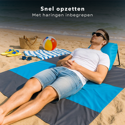 Cheqo® Strandmat Waterafstotend - Picknickkleed Groot - Lichtgewicht Strandmat - Opvouwbare Picknickkleed - Strandmat Met Haringen - Picknickkleed Met Opbergzak - 210x200 cm Kleed - Blauw Grijs Kleed - Polyester Strandmat