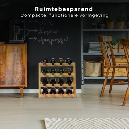 Cheqo® Bamboe Wijnrek - Flessenrek - Wijnmeubel - Wijnkast - Flessenhouder - Voor 16 Flessen - Naturel Gelakt