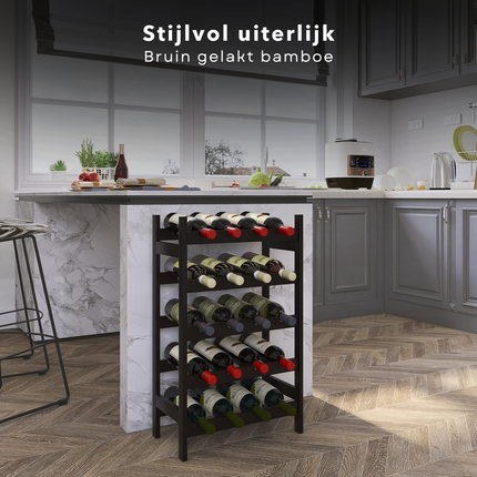 Cheqo® Wijnrek Bamboe - Flessenrek - Wijnflesrek - Wijnmeubel Voor 20 Flessen - Bruin Gelakt - Met Anti-Kras Rubbers