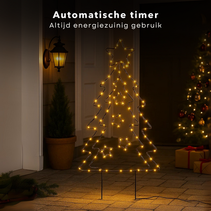 Cheqo® Tuinsteker Kerstboom - 90 LED Lampjes - Extra Warm Wit - Metalen Grondpennen - Werkt Op Batterijen - Automatische Timer - Binnen En Buiten - IP44 Beschermwaarde - Kerst Tuinversiering - Decoratieve Kerstboom - Zwarte Metalen Frame