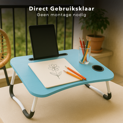 Cheqo® Opklapbare Laptoptafel - Ontbijt op Bed Tafel - Bedtafel met Tablethouder - Bank Tafeltje - Ontbijttafeltje - Banktafel - Blauw