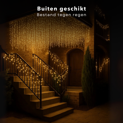 Cheqo® Ijspegel Verlichting - Lichtgordijn - Kerstverlichting Buiten - Kerstverlichting Binnen - 180 LED - Warm Wit - 6 Meter - 8 Lichtfuncties - IP44 Adapter - Geschikt Voor Buiten - Groen Snoer - 3 Meter Aansluitsnoer - LED Lampjes