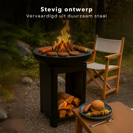Cheqo® Vuurkorf met BBQ - Barbecue Roestvrij Staal - Grillring - Plancha Grill - Vuurschaal - Buitenkeuken met Houtopslag - 2-in-1 Grill en Terrashaard - Inclusief Teppanyaki Plaat