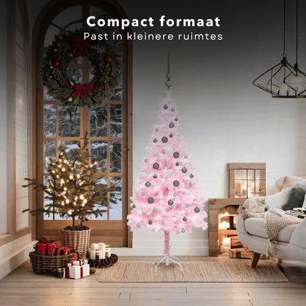 Cheqo® Roze Kerstboom - Kunstkerstboom 150 cm - Met LED-Verlichting en Kerstballen - PVC en Staal