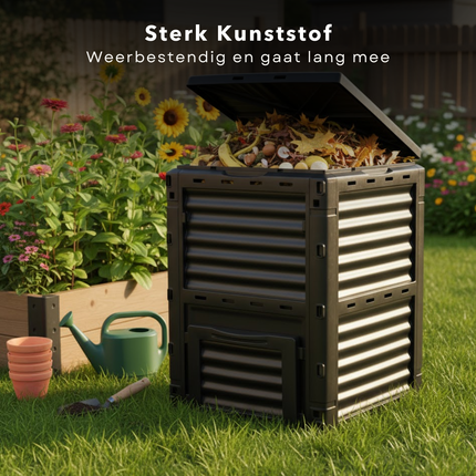 Cheqo® Compostvat 300 Liter - Compostbak - Composter - Afval Recyclen - Vierkant Model - Kunststof Compostbak - Compostton - Kompostvat - Zwart Kunststof - Groente- En Fruitafval - Tuinafval Composteren - Afvalbak Compost