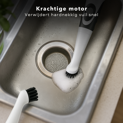 Cheqo® Elektrische Schoonmaakborstel - Schoonmaakborstel Elektrisch - Schrobborstel - Badkamer En Keuken - Compact En Draagbaar - Waterdicht IPX5 - Antisliphandgreep - Moeilijk Bereikbare Plekken - Hardnekkig Vuil - 4 Opzetborstels