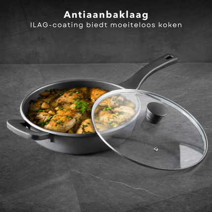 Cheqo® Inductie Diepe Koekenpan met Deksel - Aluminium Non-Stick - Hapjespan - Voor Alle Warmtebronnen - ø28 cm - 3.9L